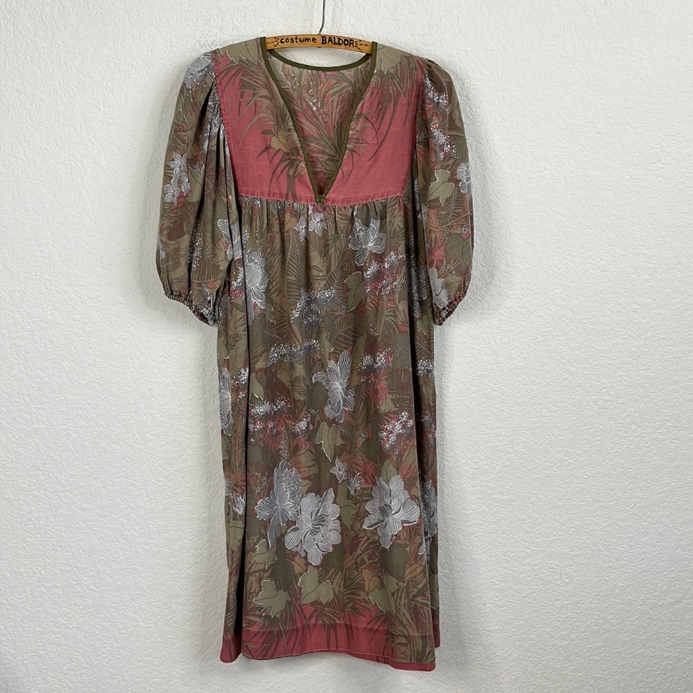 VTG Peasant Blouson Palm Floral Midi Dress
